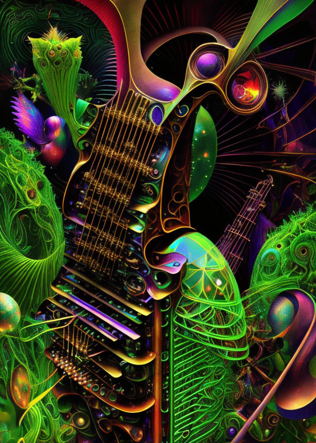 Colorful Psychedelic Guitar Illustration with Abstract Shapes