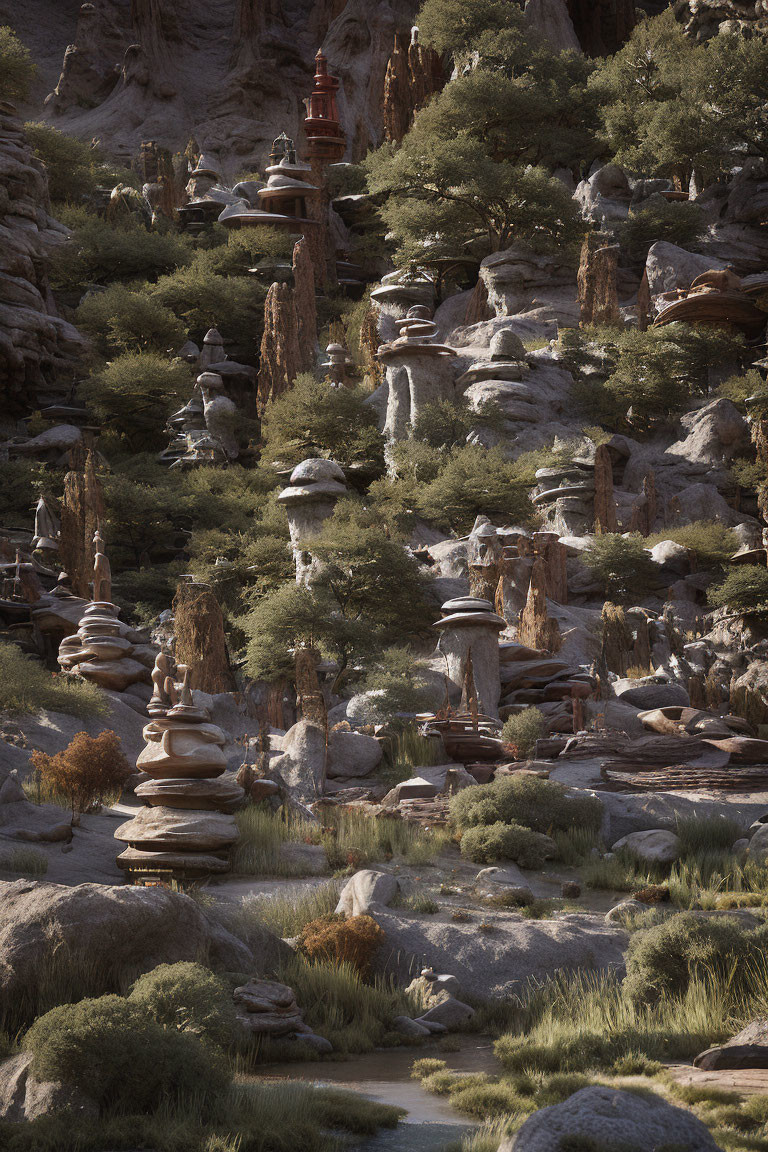 Tranquil rocky landscape with stone formations, greenery, and waterfalls