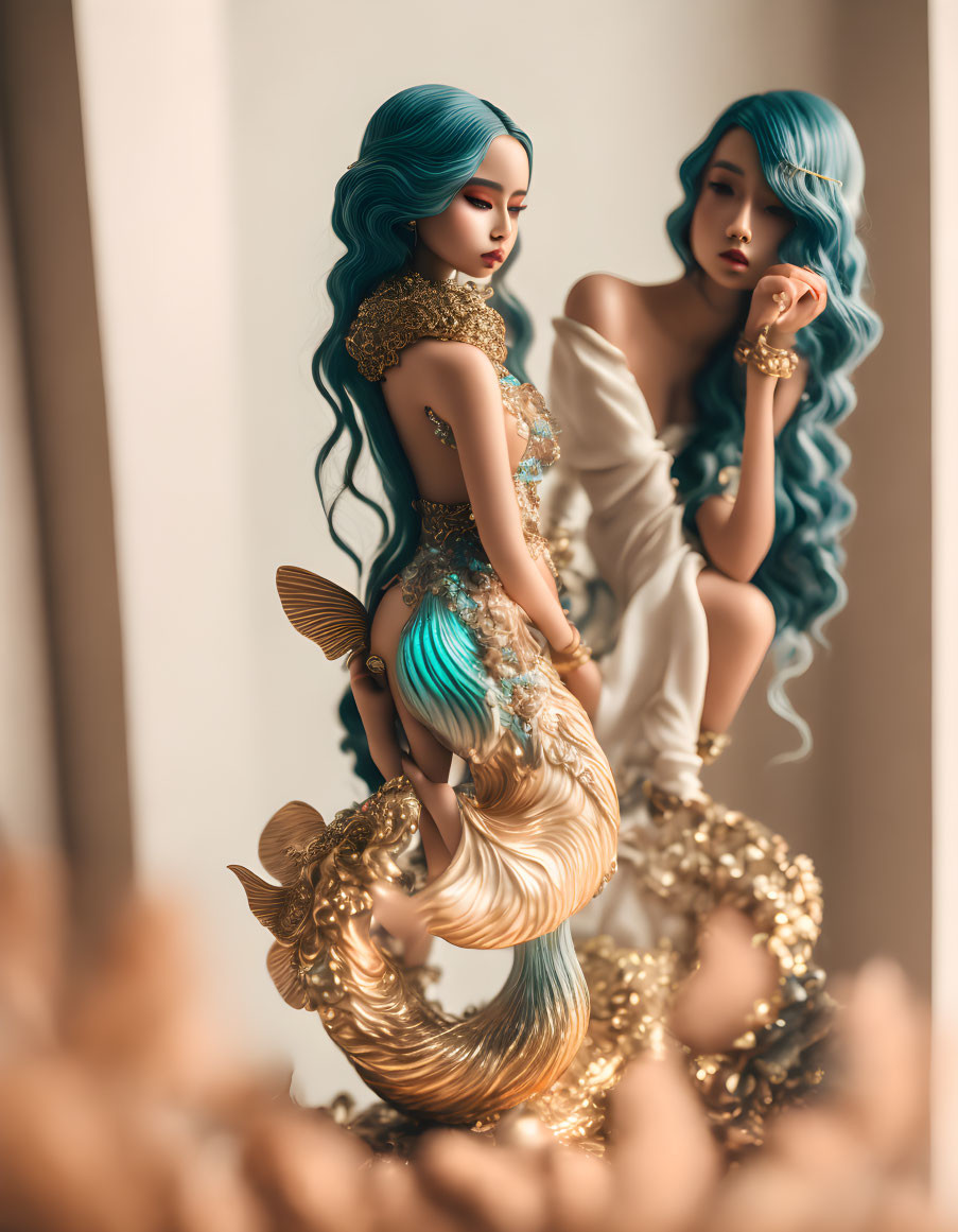 Blue and gold mermaid dolls posed by mirror