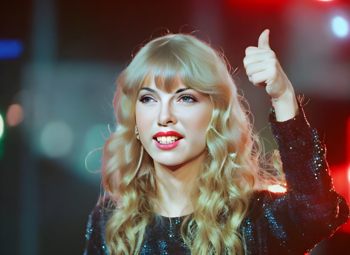 Blonde woman in sequined top with red lipstick and thumbs up