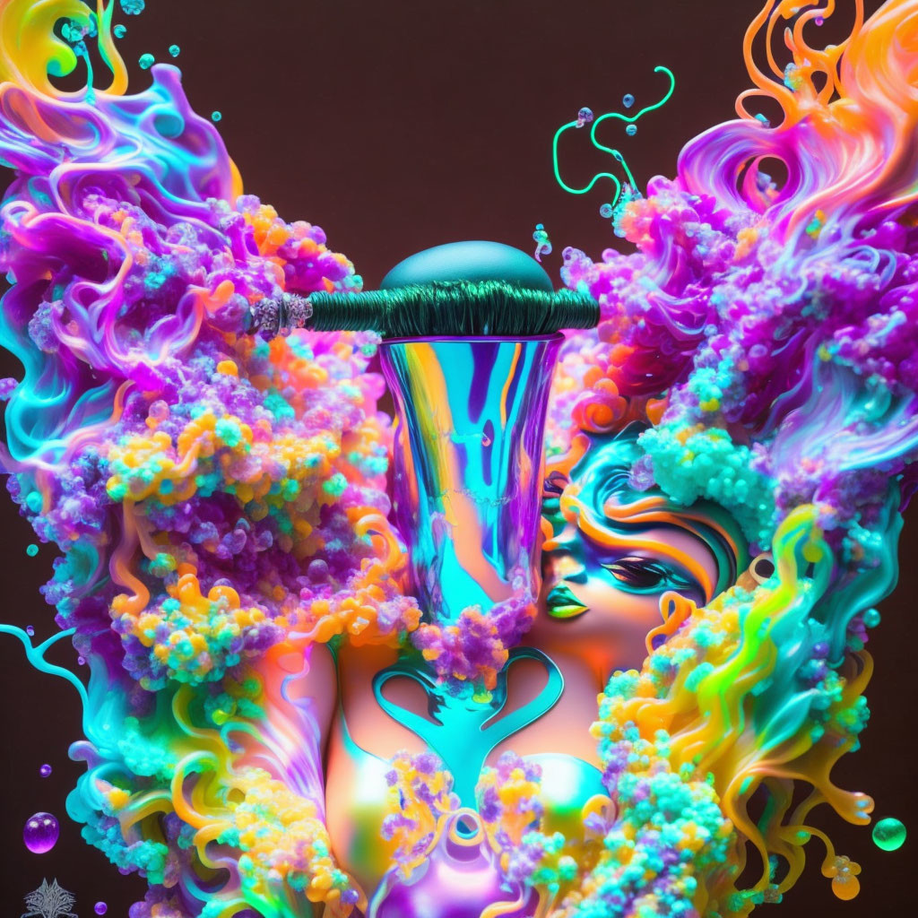 Colorful surrealistic artwork: Metallic mushroom surrounded by flowing liquid forms