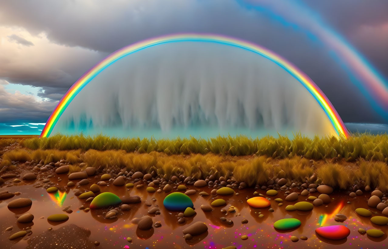 Colorful rainbow over waterfall in surreal landscape