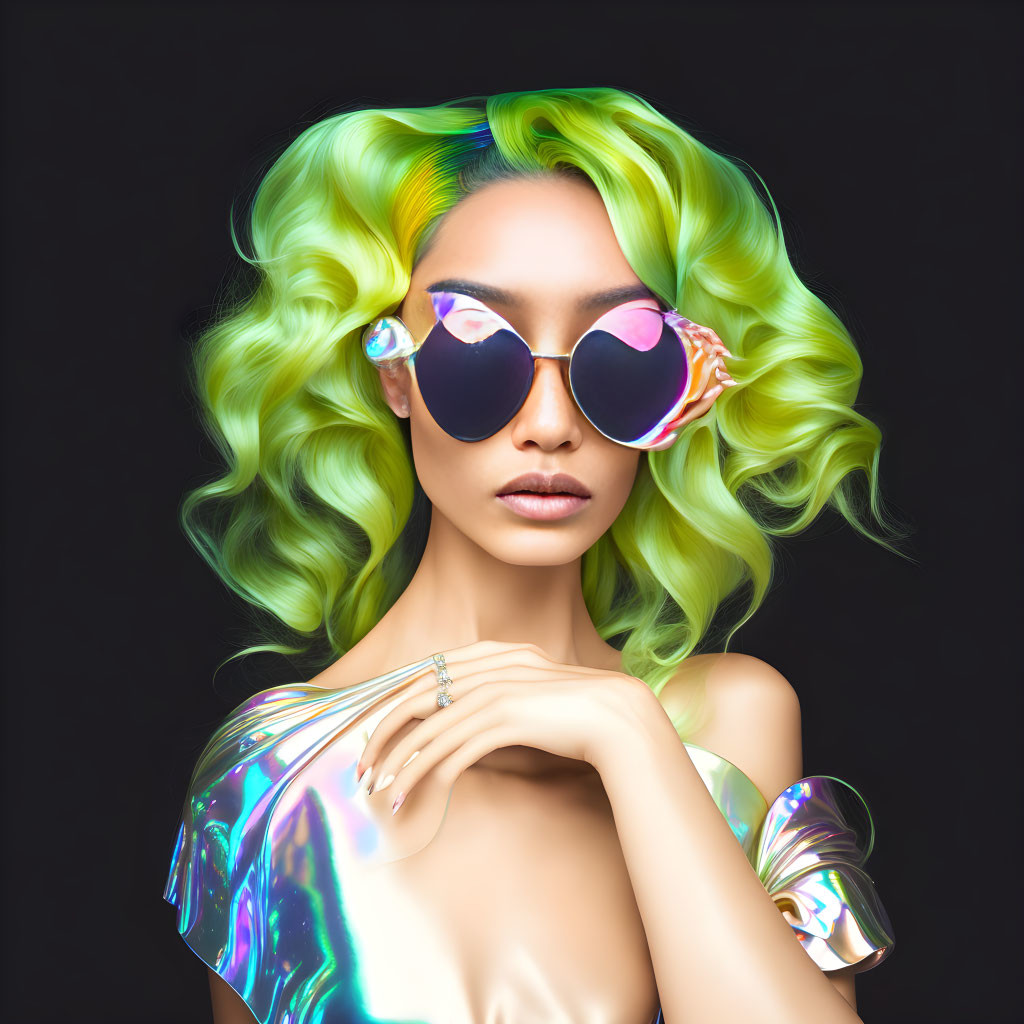 Green Wavy Hair Woman with Holographic Accessories on Black Background