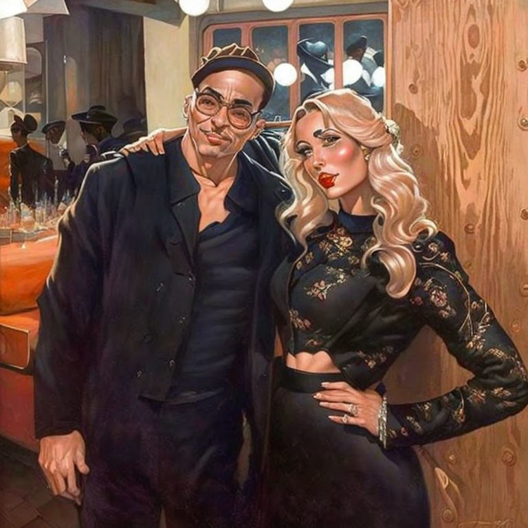 Fashionable man and woman posing confidently in a bar setting