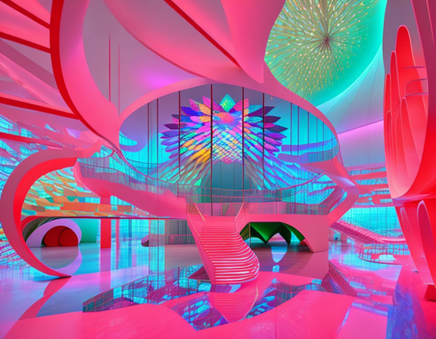 Vibrant futuristic interior with organic shapes, spiral staircase, and illuminated panels