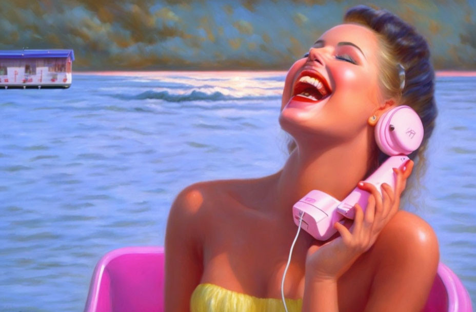 Joyful woman in yellow top listens to music by water with boat.