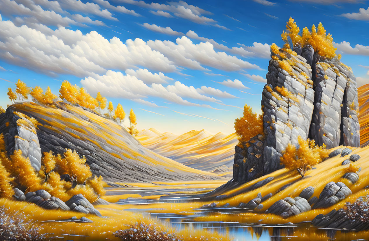 Scenic autumn landscape with golden trees, blue river, and rocky formations