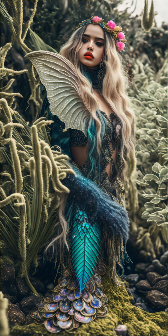 Blonde Fairy with Peacock Feathers in Floral Crown amid Greenery