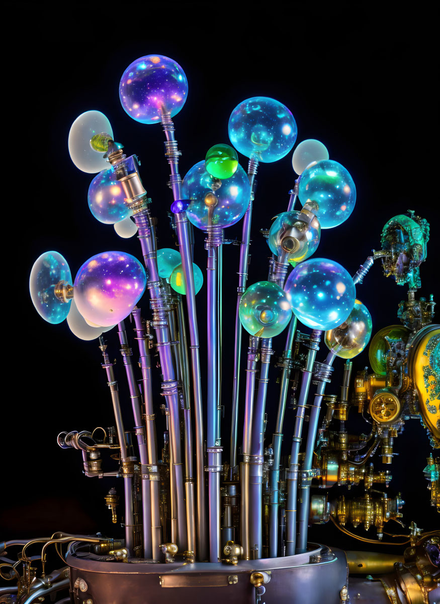 Glass orbs on metallic tubes against dark background: futuristic sculpture