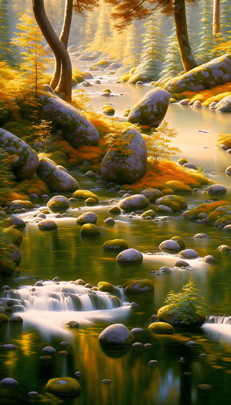 Tranquil autumn forest with stream and golden trees
