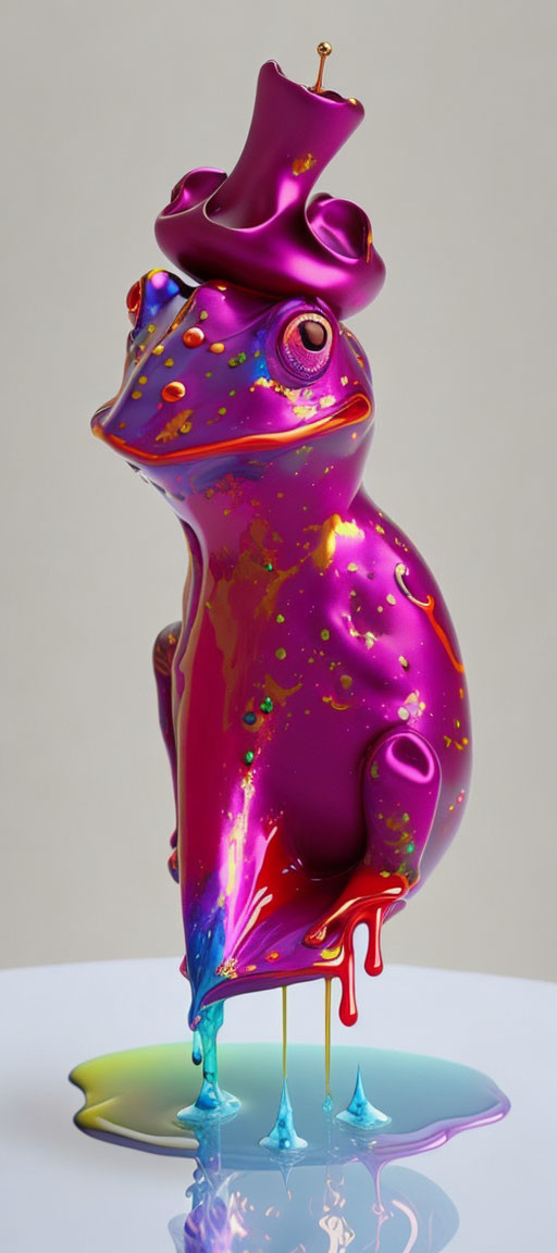 Colorful Purple Frog Sculpture with Melting Magenta Hat