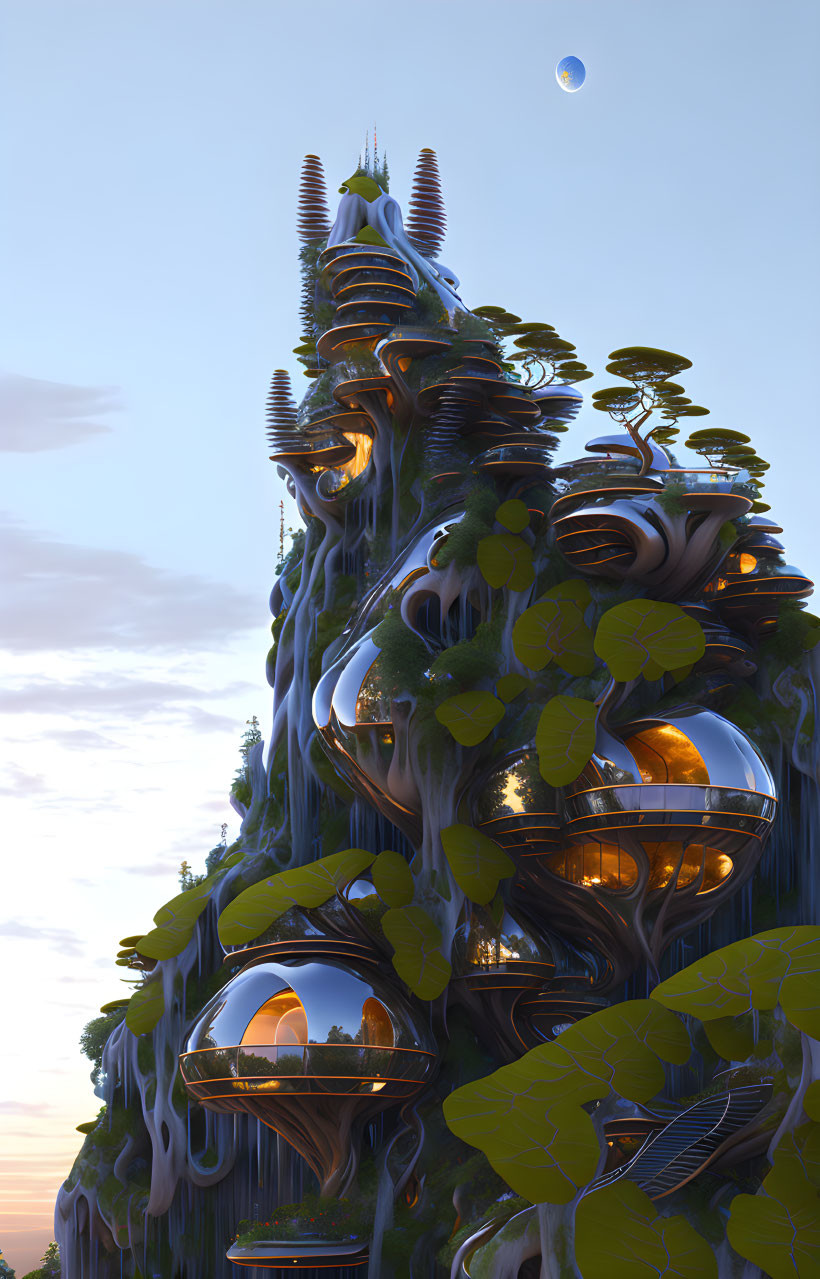 Futuristic tree-like structure with organic and metallic elements in lush greenery at twilight