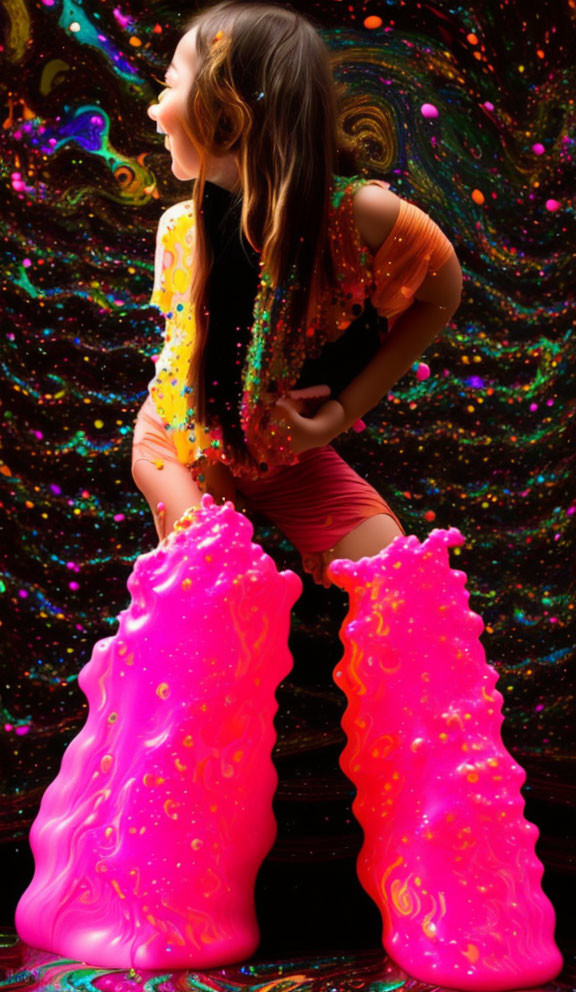 Girl standing between vibrant pink slime eruptions on dark background