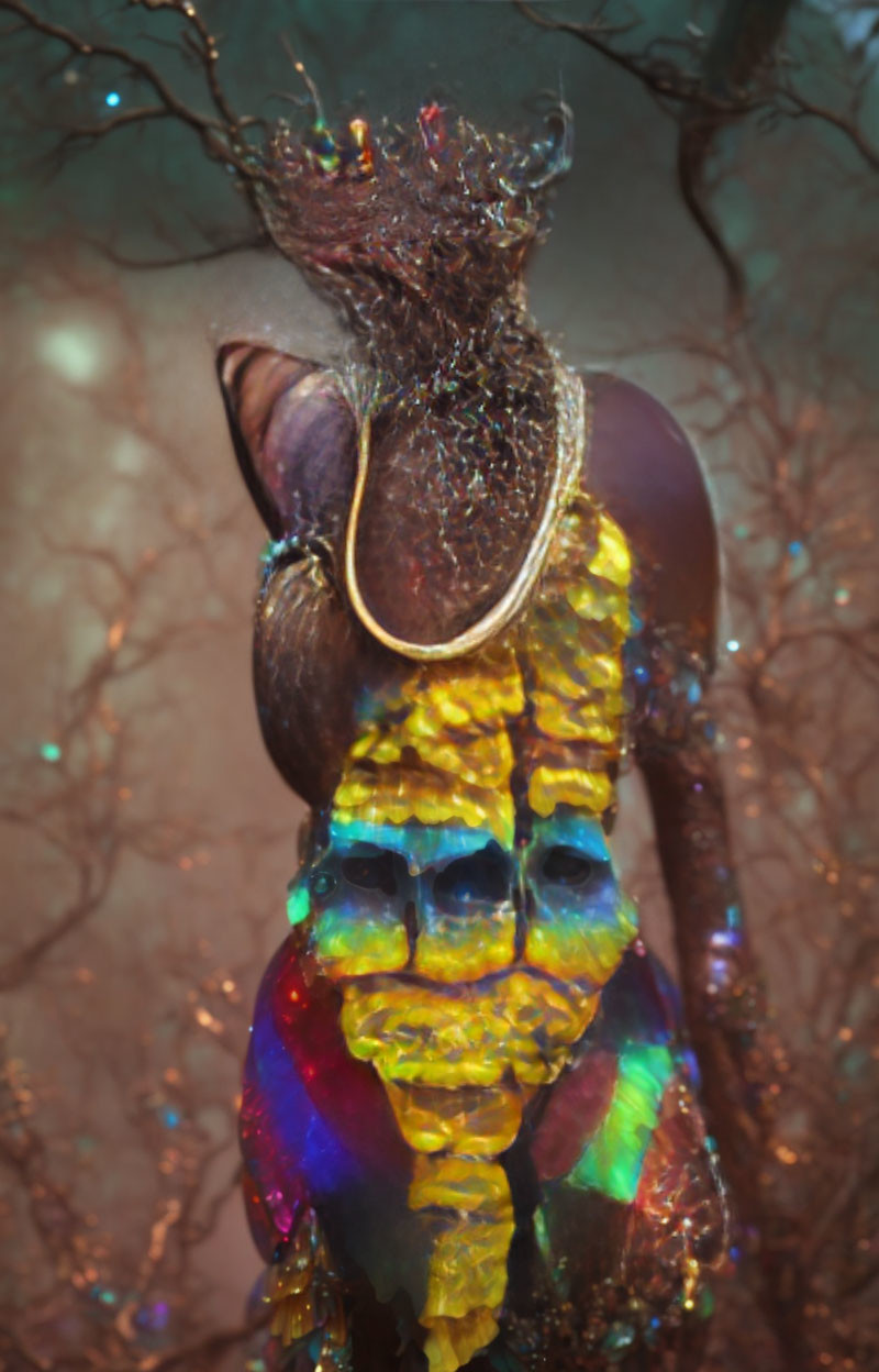 Colorful surreal artwork: humanoid figure, vibrant colors, iridescent textures