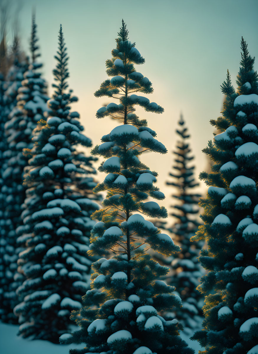 Snow-covered pine trees in golden sunlight.