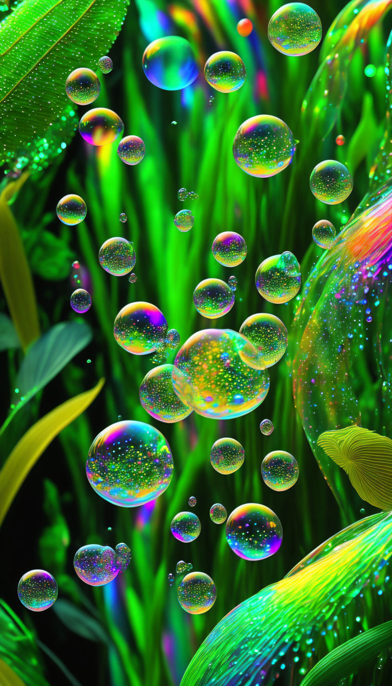 Colorful Soap Bubbles Among Neon Green and Yellow Grass-like Strands