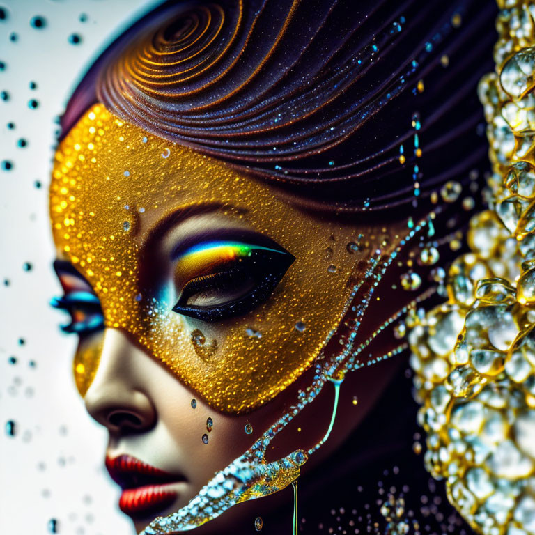 Stylized female face with golden makeup and ornate headdress.