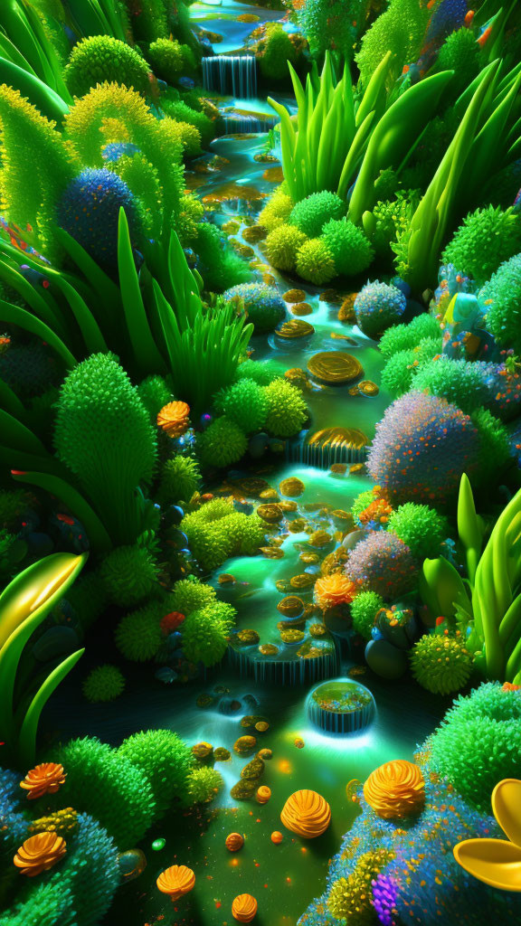 Surreal landscape with luminous vegetation and colorful plants