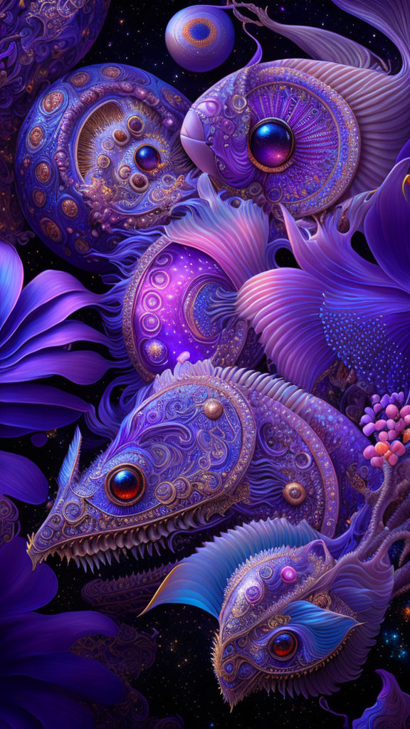 Abstract ornate fish-like creatures in cosmic purple setting