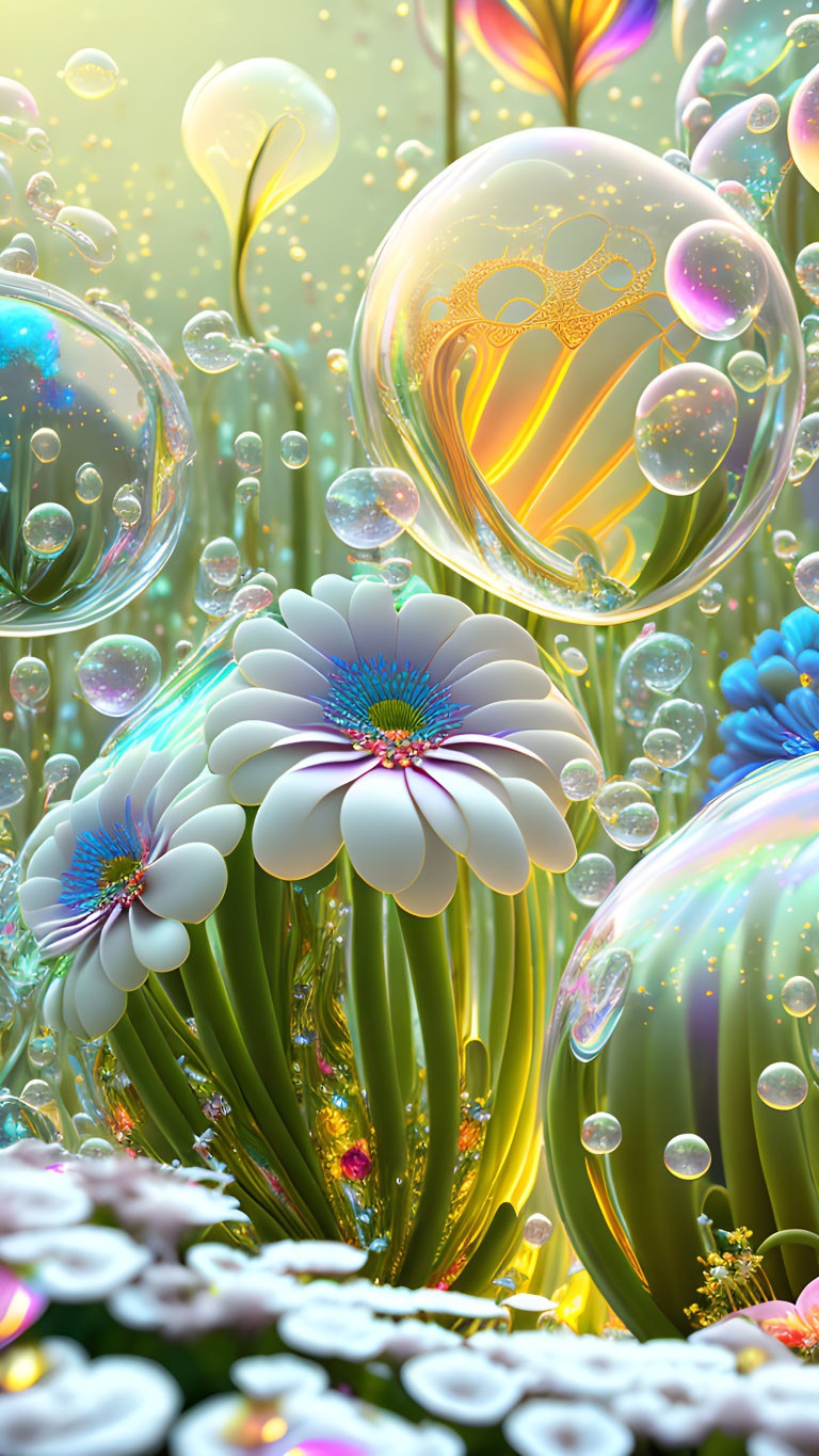 Colorful illustration of luminescent bubbles and stylized white flowers in a lush green fantasy setting