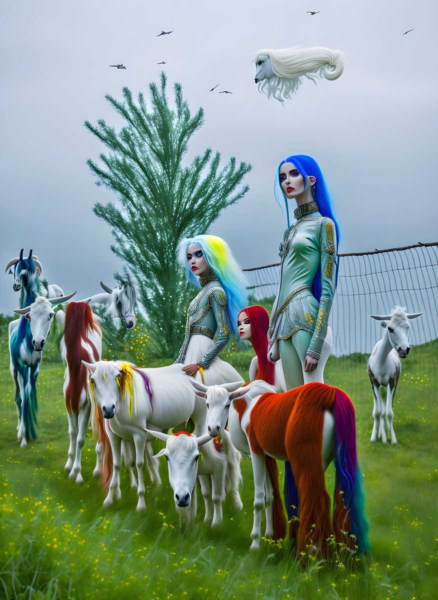 Vibrant-haired women in futuristic outfits with fantastical goats in a colorful field