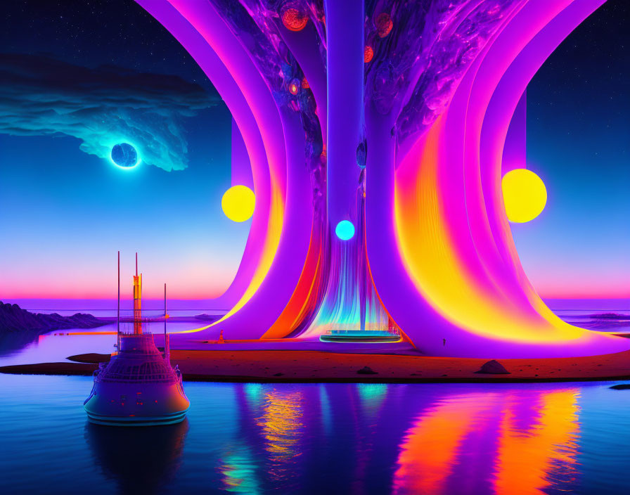 Colorful alien landscape with purple towers, glowing orbs, spaceship, and surreal sky