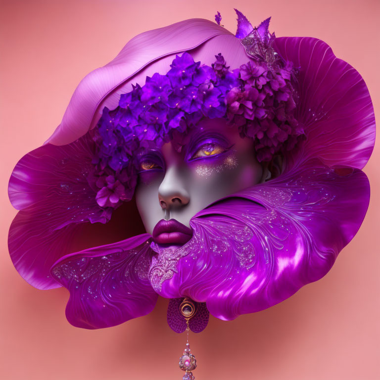 Surreal portrait of female figure with purple skin and floral elements on pink background