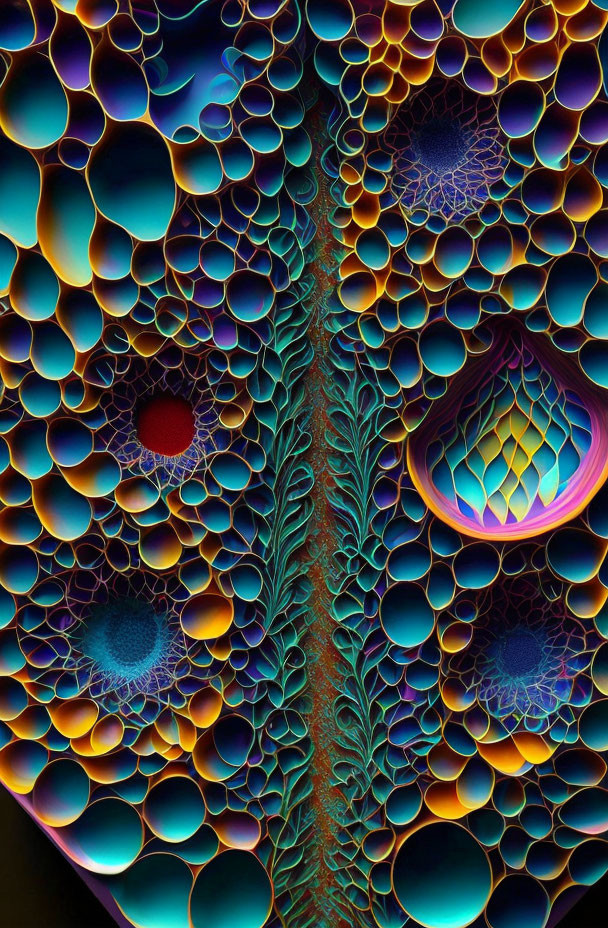 Vibrant Fractal Artwork with Bubble and Feather Patterns