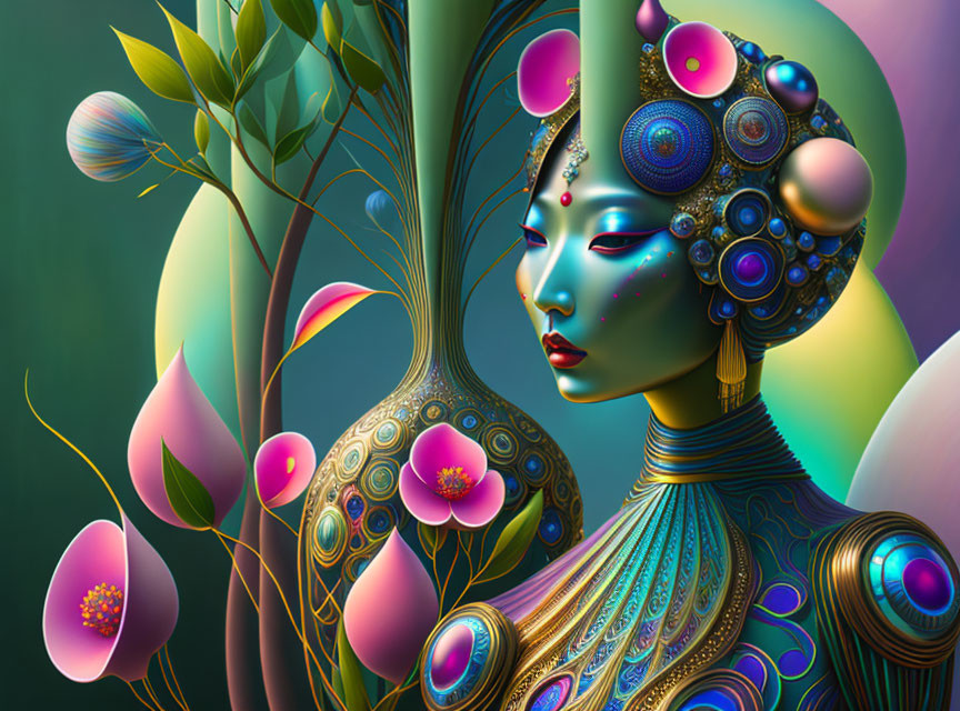 Surreal illustration of woman with peacock feather adornments in vibrant flora