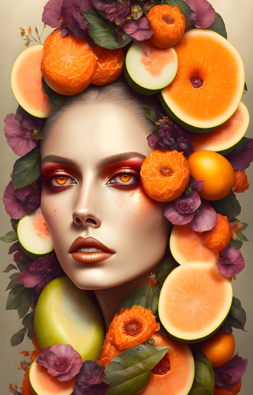 Vibrant portrait of woman with fruit and flower headdress