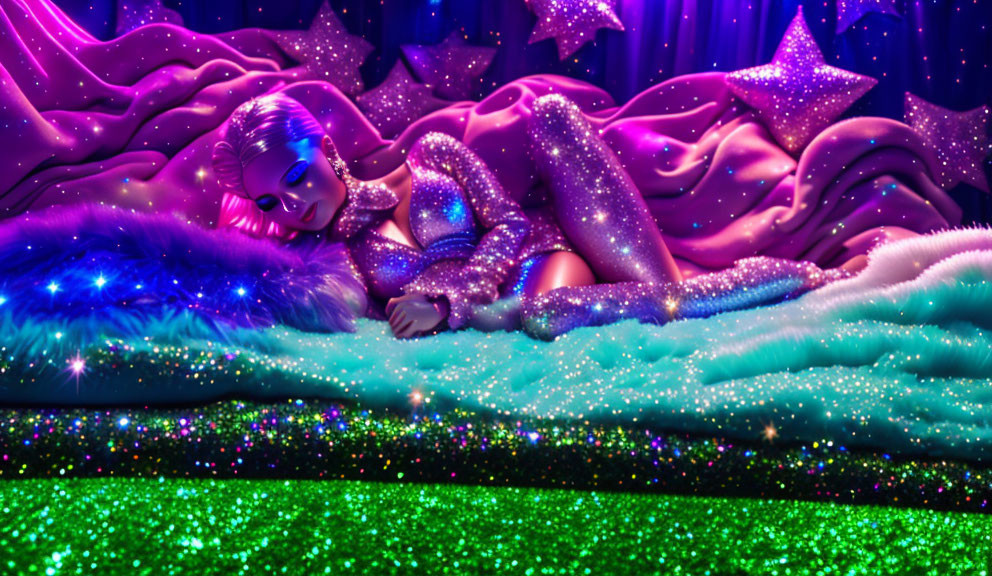 Glitter-covered figure in cosmic setting with fur and stars