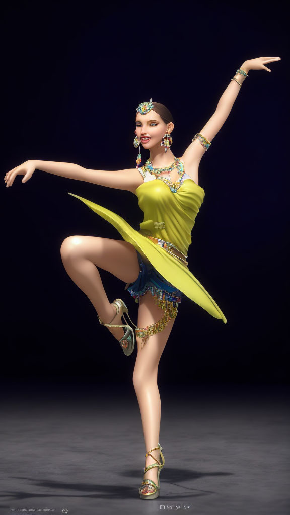 3D digital illustration of woman in green dance pose with gold and blue jewelry