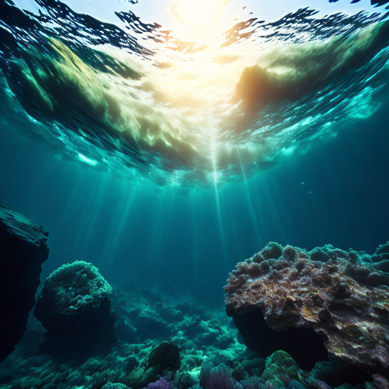 Underwater coral reef illuminated by sunlight in ocean depths