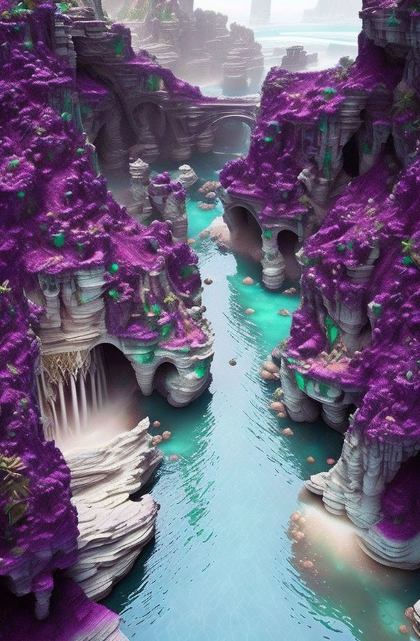 Vibrant purple foliage and towering cliffs by a turquoise river