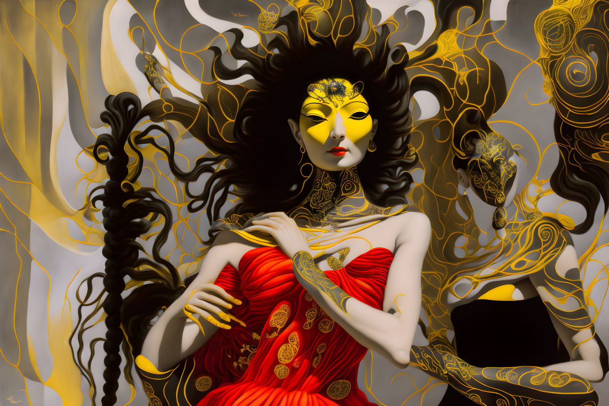 Surreal illustration of a woman with black and gold hair, golden facial markings, and red dress