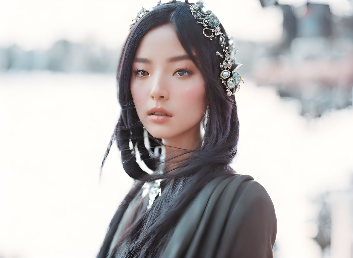 Woman with striking makeup and jeweled headpiece in pensive pose.