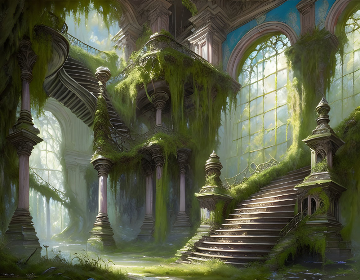 Ancient ruin with towering columns and lush greenery