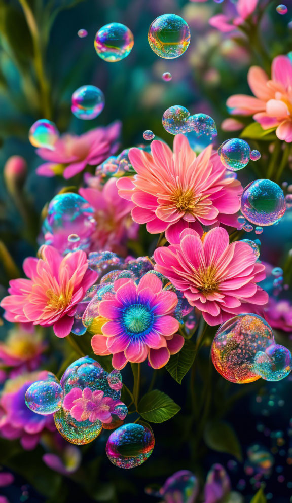 Pink Flowers with Iridescent Bubbles and Green Foliage