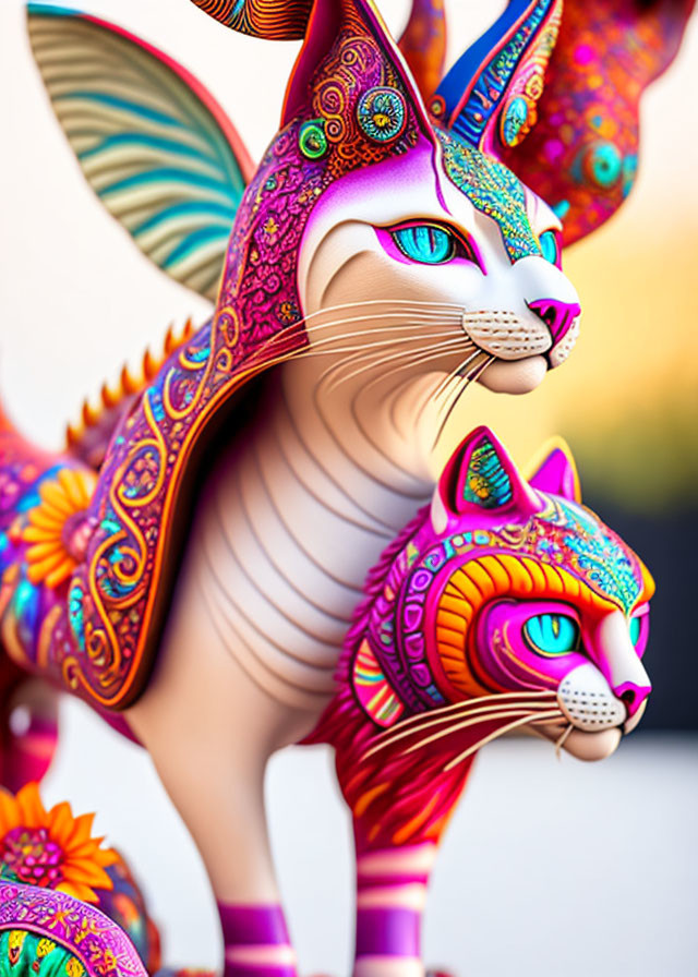 Colorful Stylized Cats with Intricate Patterns and Blue Eyes