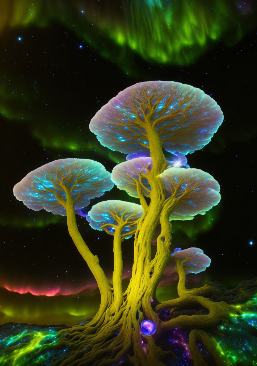 Vibrant aurora borealis illuminating glowing tree-like mushrooms