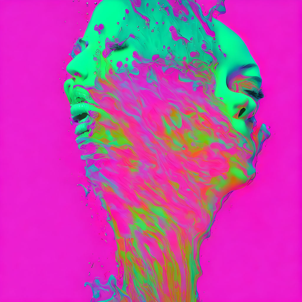 Colorful liquid tendrils disintegrate human face in vibrant digital art