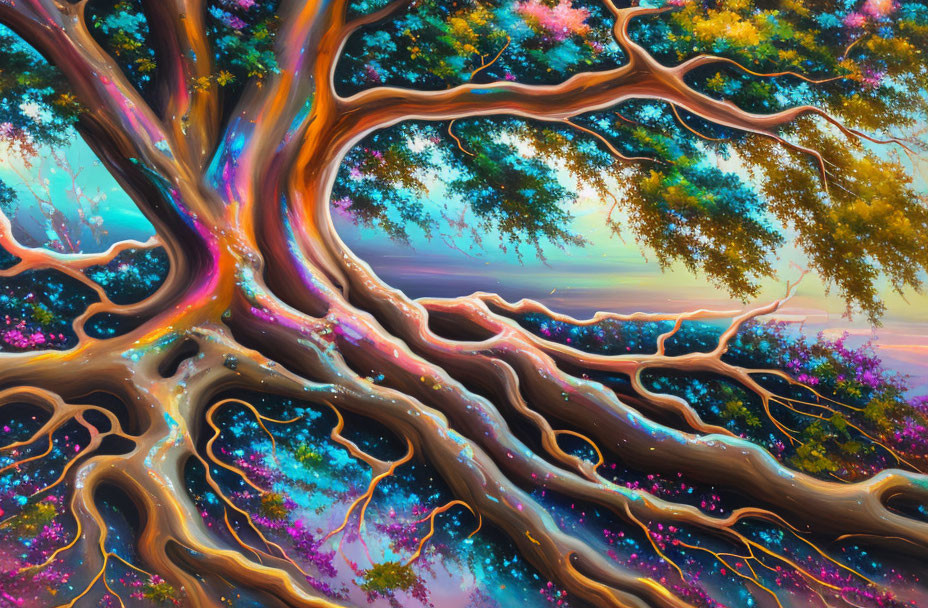 Fantasy illustration: Enchanted tree with colorful, twisted branches