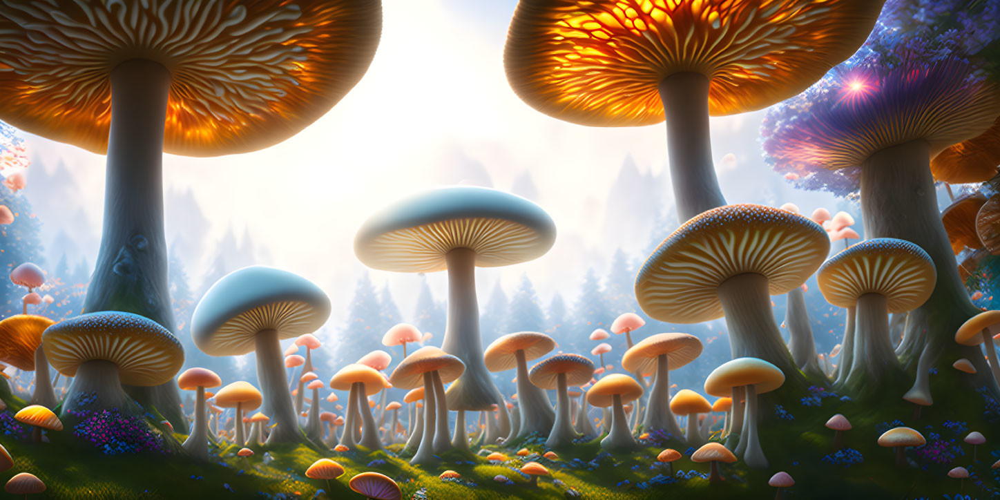 Fantastical forest with oversized colorful mushrooms under dreamlike sky