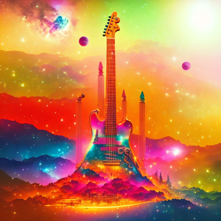 Colorful Electric Guitar in Psychedelic Mountain Landscape