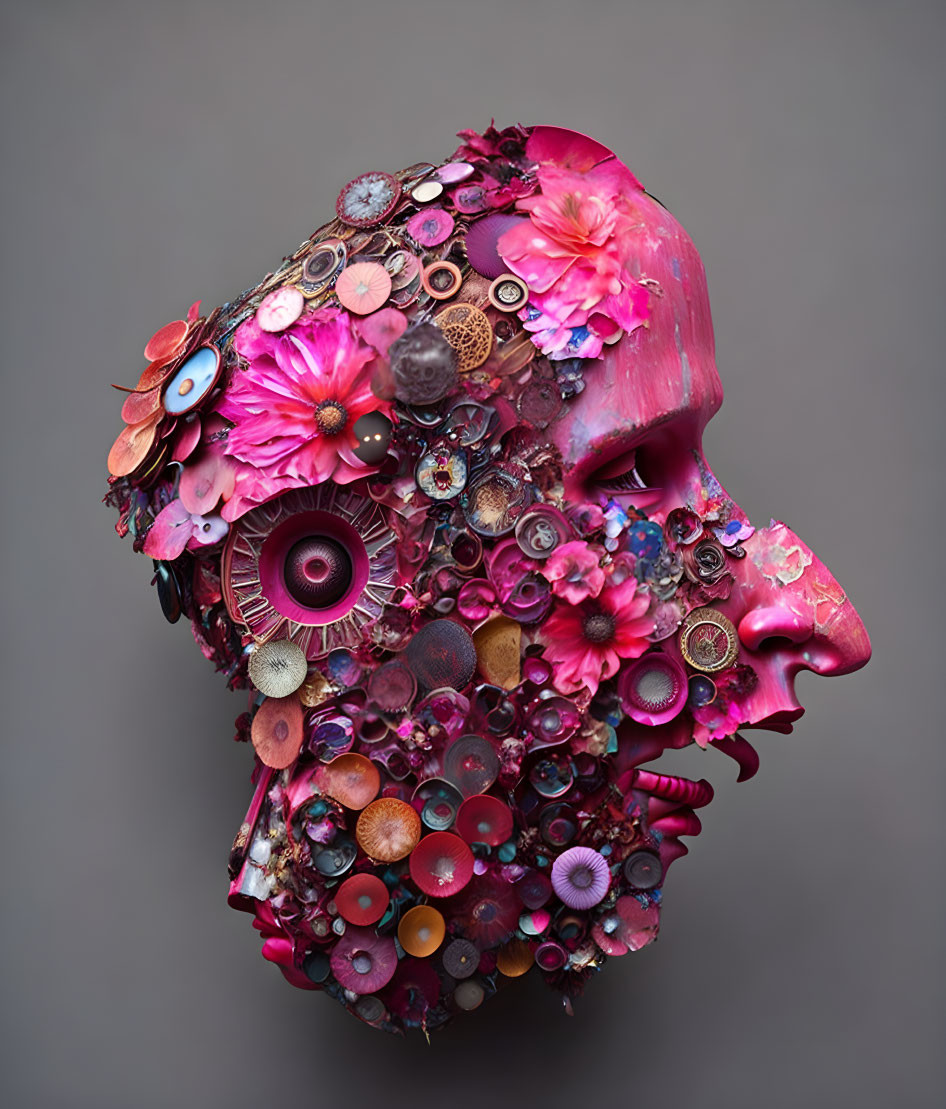 Sculptural human head profile with floral, gear, and button adornments in pink and red