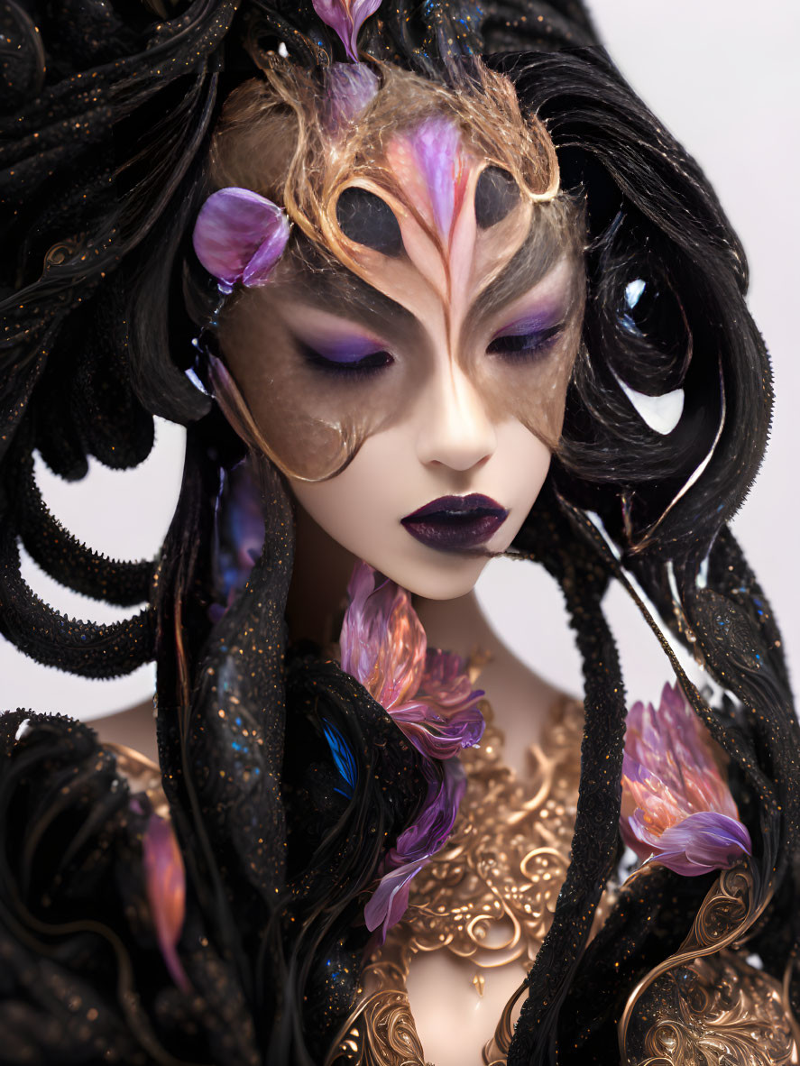 Intricate Fantasy Figure with Black and Gold Headdress