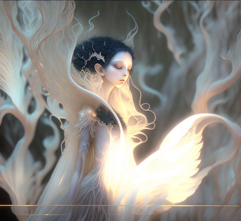 Blue-haired ethereal figure with delicate wings in misty white light