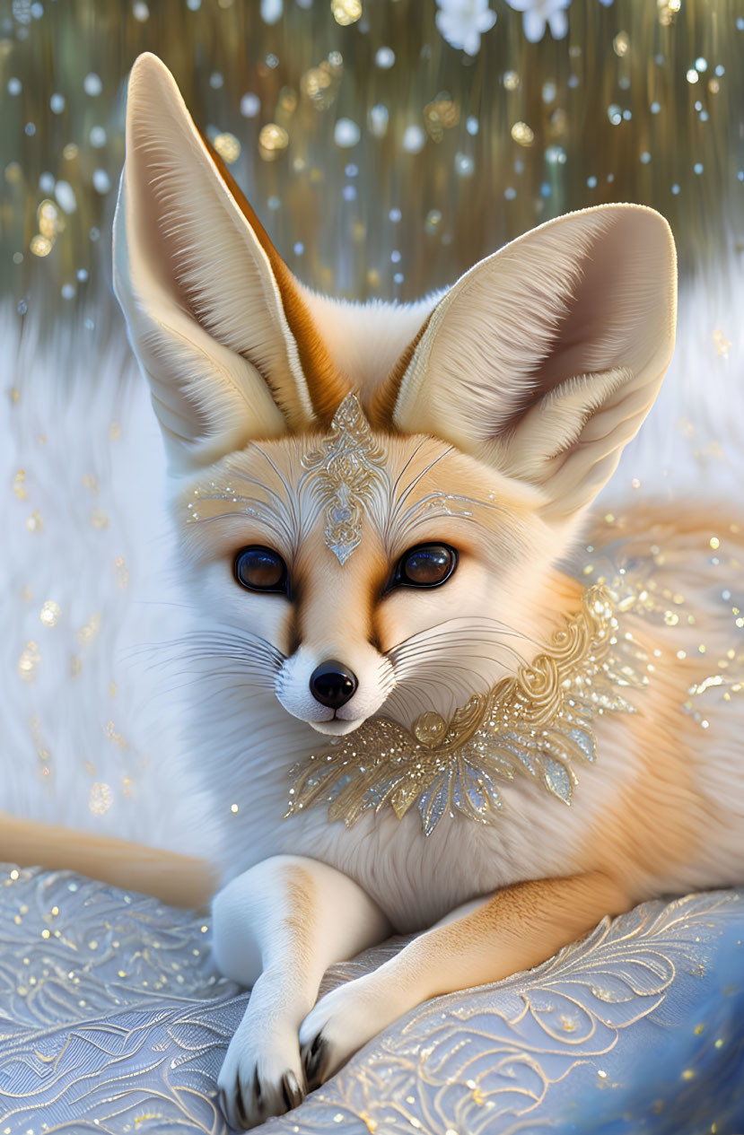 Anthropomorphic fennec fox with golden jewelry on blue fabric