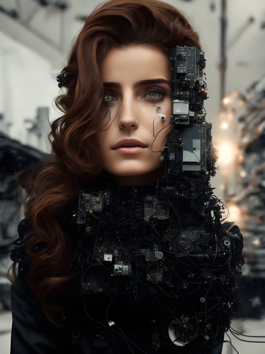 Portrait of a woman with cybernetic components on one side of her face and neck