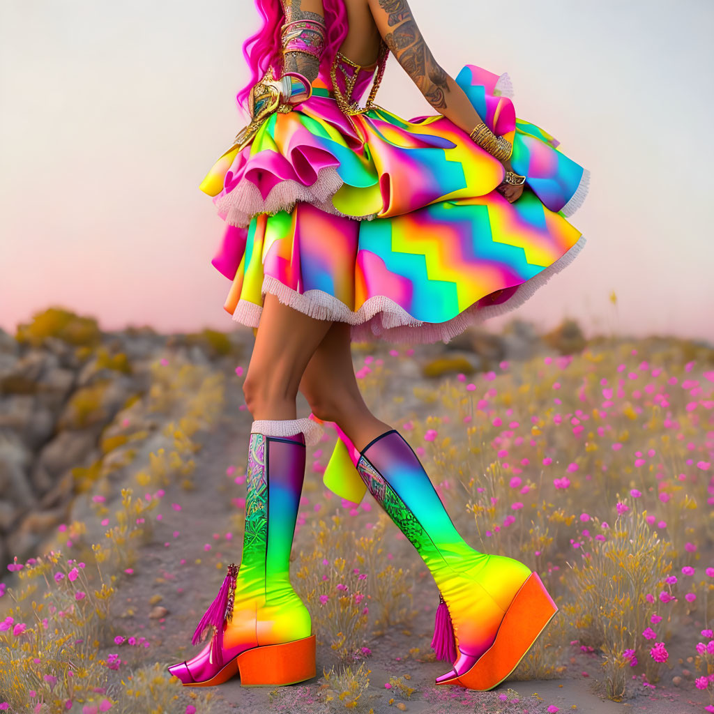 Colorful figure in platform shoes among pink flowers at twilight